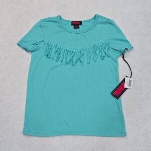 Girls Rock & Roll Cowgirl Teal Fringe Short Sleeve Tee Size L NWT